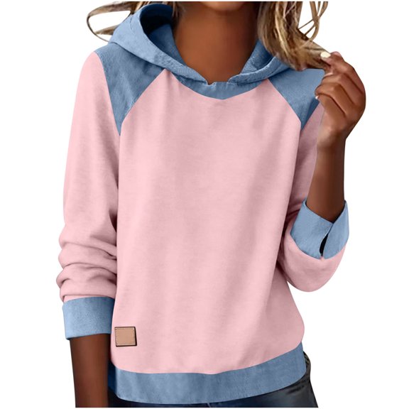 Womens Hooded Spring Clothes, Long Sleeve Shirts for Women Fashion Solid Color Denim Patchwork Crewneck T-Shirts