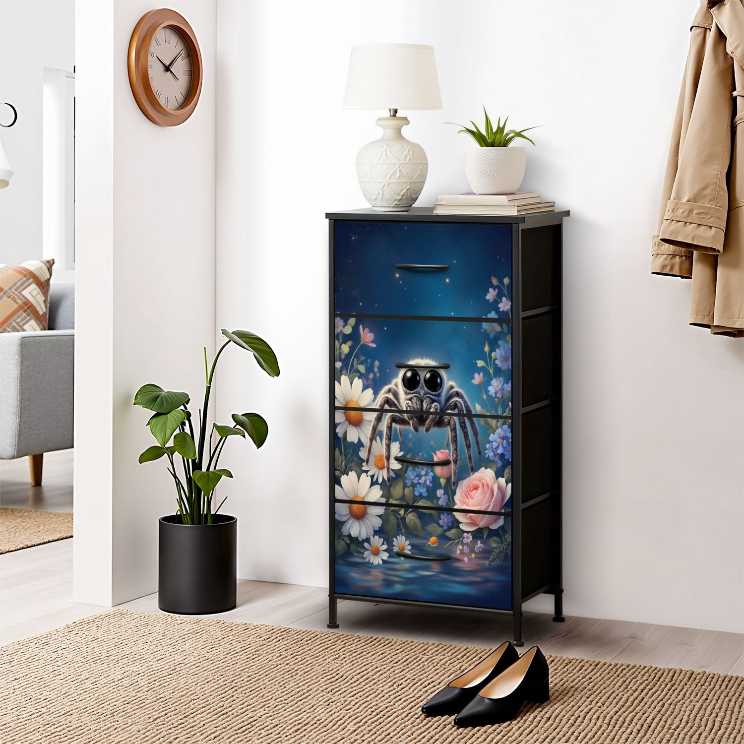 Gothic Dresser for Bedroom with 4 Storage Drawers Cute Furry Jumping Spiders Soft Pastel Flowers Dressers Chest of Drawers Steel Framed Fabric Closet Organizers for Dorm Entryway