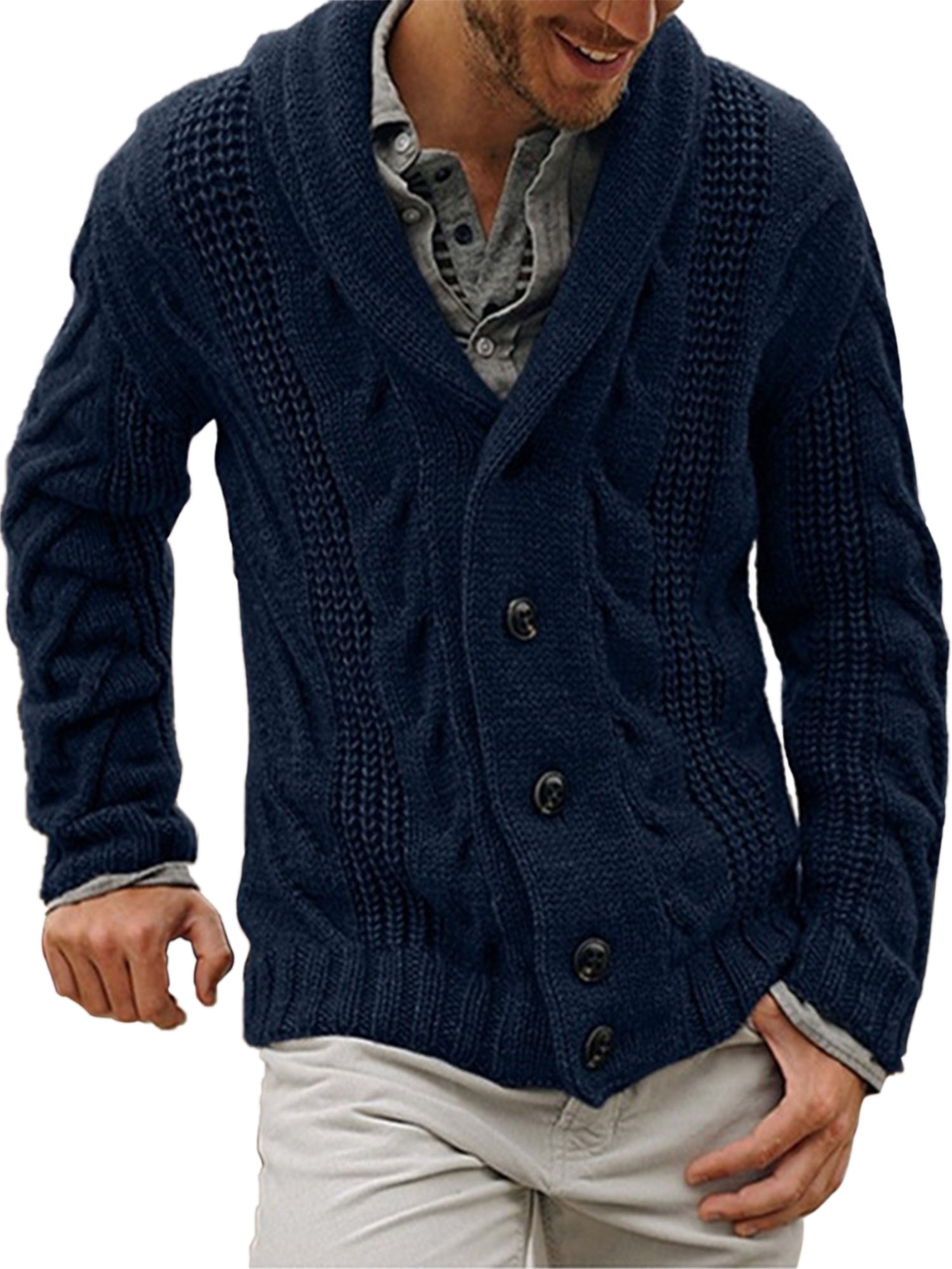 SELX Men Casual Button Down Solid Long Sleeves Wool Knit Cardigan Sweaters 