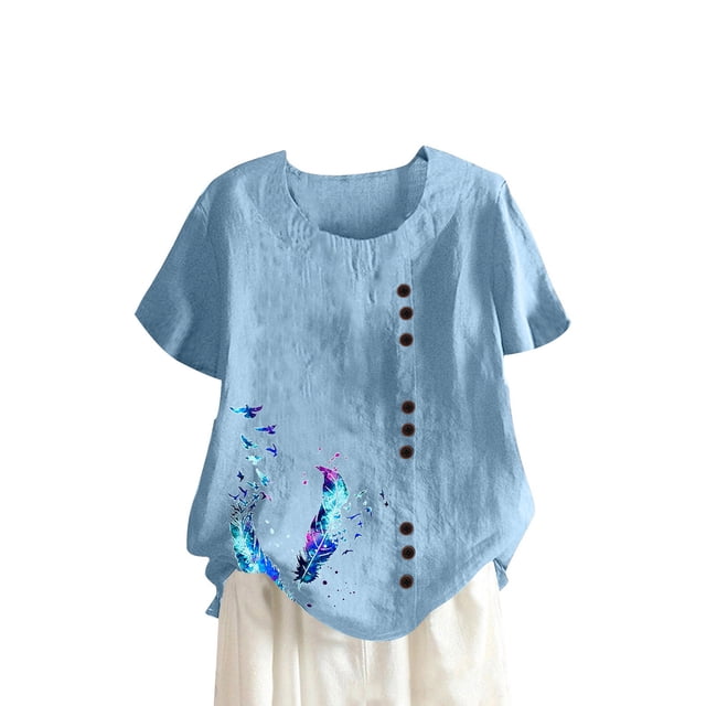 Camisetas de Manga Corta para las Mujeres Botón de Impresión Casual Cuello Redondo Camiseta Superior, Blusas para las Mujeres Casual