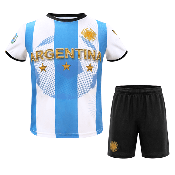 Argentine Youth Boys Soccer Jerseys Outdoor Sports Kid Activewear Training Short Sleeve Kit Shirt Shorts Set, White XS