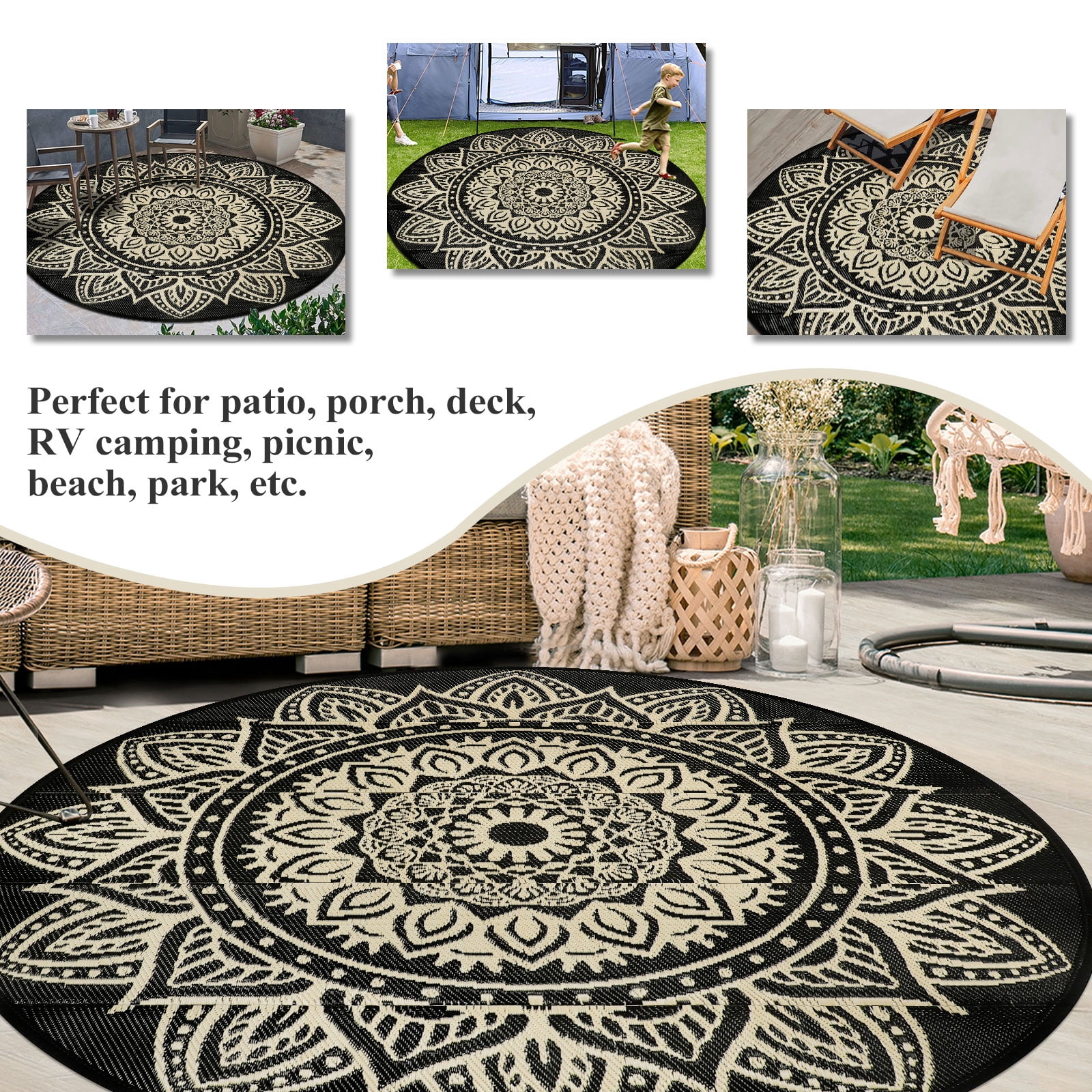 Aonewoe Round Outdoor Rugs 6ft Waterproof Patio Plastic Straw Rug Reversible Camping Carpet Indoor Outdoor Area Rug for Patio,Deck,Balcony,Picnic,Beach,Outside