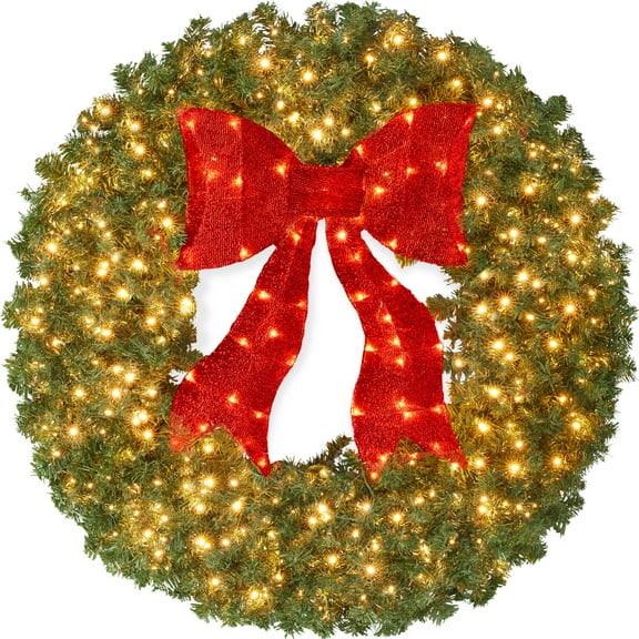 Best Choice Products 48in Artificial Pre-Lit Fir Christmas Wreath Decor w/ Red Bow, 250 LED Lights, 714 Tips, Plug-In