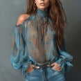 thumbnail image 2 of Hkoxplj Blouse Cold Shoulder High Neck Long Sleeve Chiffon Top for Women Fall Fashion Outfits Womens Essentials Clothes, 2 of 7