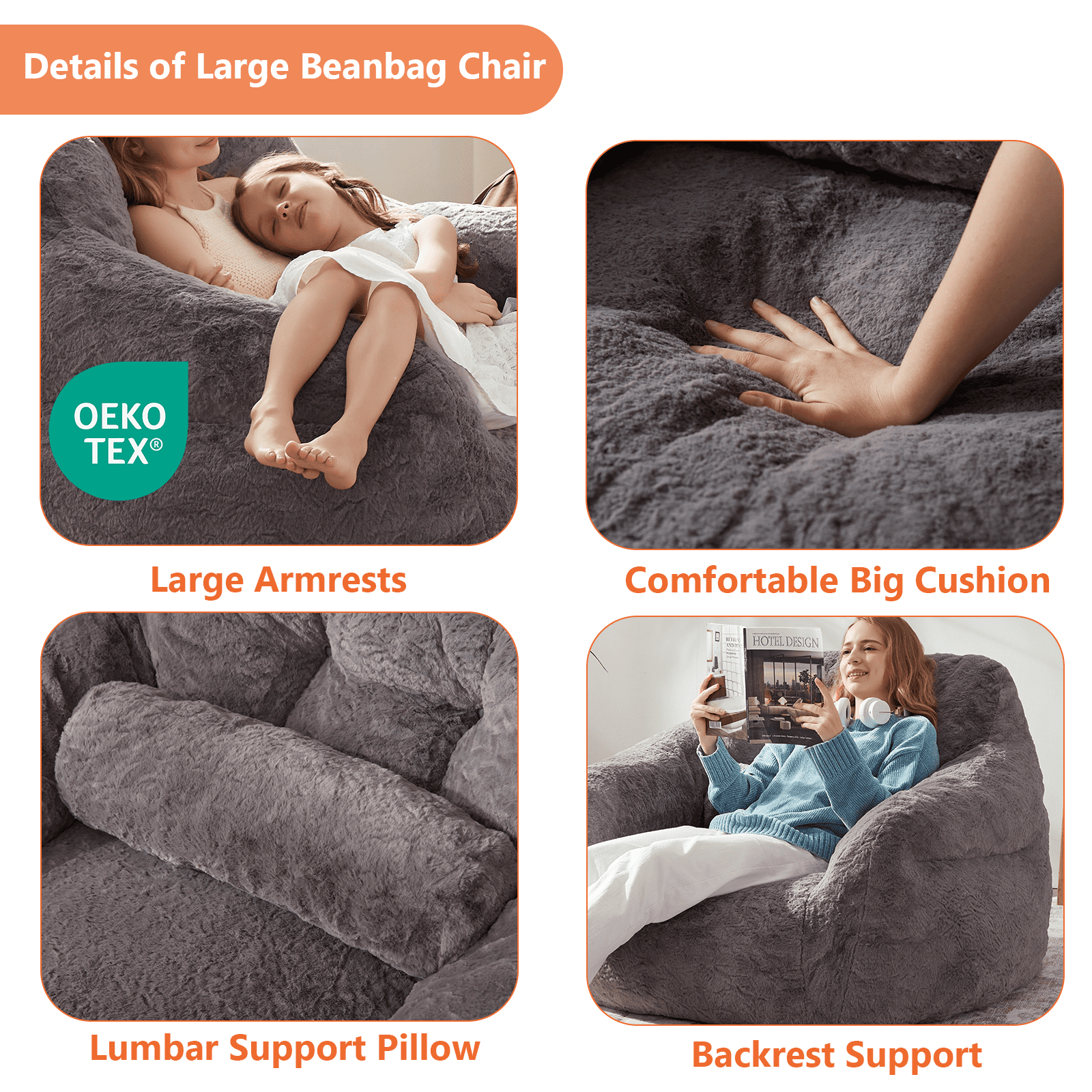 Ebenchico 3.8ft Oversized Bean Bag Chair for Adults Teens Kids, Beanbag Chairs with Pillow, Reading Gaming Relaxing Chair, Dark Gray