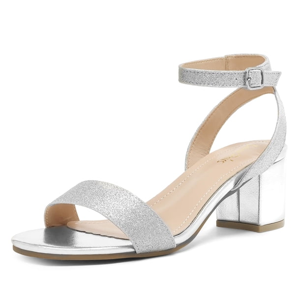 Sandalia DREAM PAIRS con Punta Abierta, Tacón Cuadrado Brillante Plata