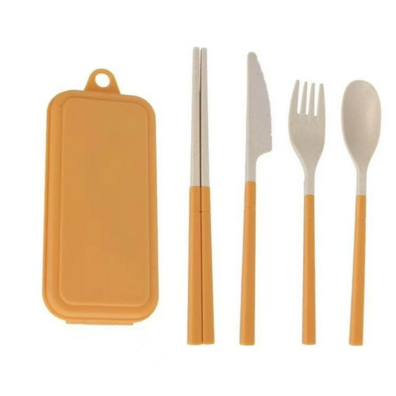 Portable Flatware Set 4Pcs, Travel Camping Wheat Straw Cutlery Utensils, Kitchen Picnic Knife Fork Spoons Chopsticks Tableware with Case, BPA Free Dinnerware for Travel/Camping/Office