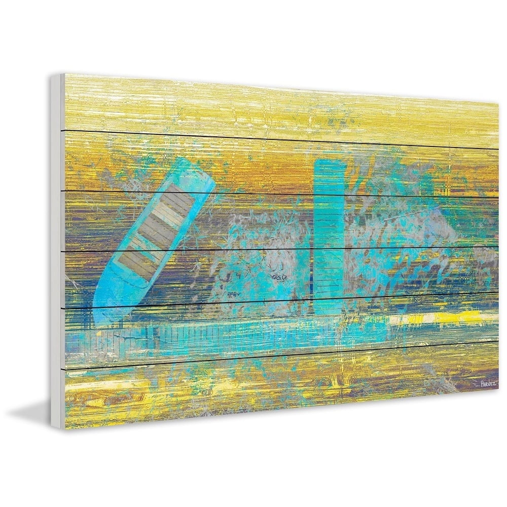 "Blue Boat Docked" Painting Print on White Wood