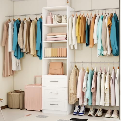 Closet System with 3 Drawers, 5FT-8FT Walk in Closet Organizer and Storage with 4 Expandable Hanging Rods, 99" Wood Closet System Wall Mount, White$$Home Decor, Kitchen, & Other