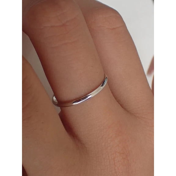 14K White Gold Plated Thin Plain Dainty Classic Dome Wedding Band Ring In 925 Sterling Silver