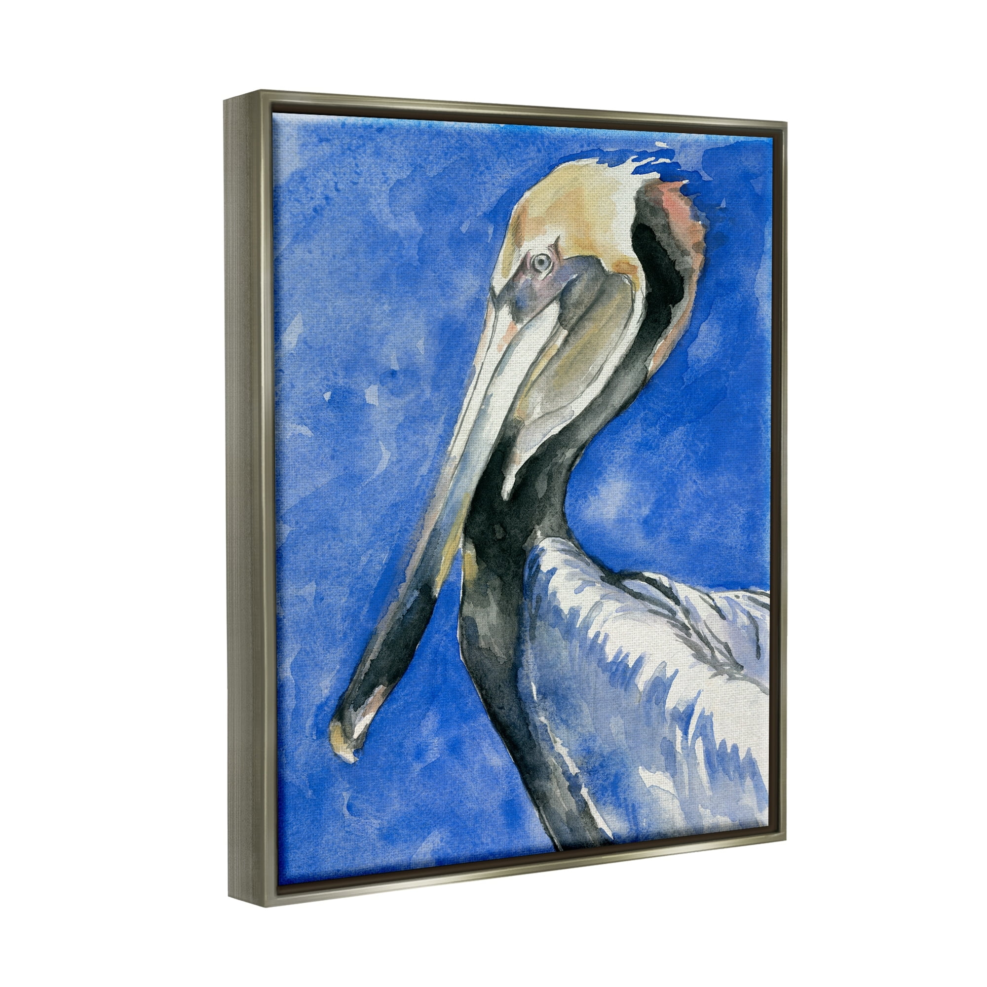 Stupell Industries Vivid Pelican Wildlife Bird Blue Watercolor Detail Painting Luster Gray Floating Framed Canvas Print Wall Art, Design by Jennifer Paxton Parker