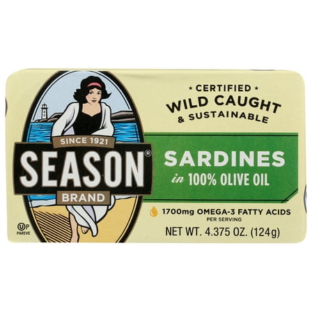 Pack of 12, Seasons Sardines in 100% Olive Oil, 4.38 oz