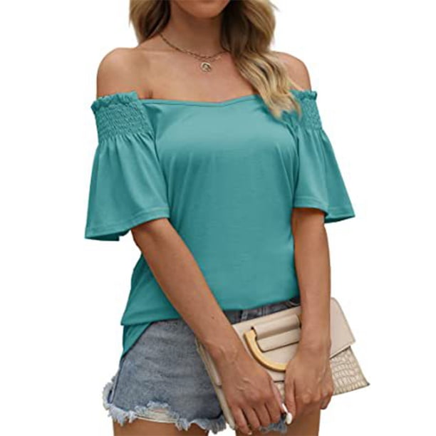 Camisa de manga corta para mujer, cuello en V plisado, manga con volantes, camisa con hombros descubiertos para mujer, Top para fiesta de vocación diaria de verano, verde esmeralda M