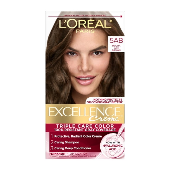 L'Oreal Paris Excellence Creme Permanent Hair Color, Triple Care, 5AB Mocha Ashe Brown, 1 kit