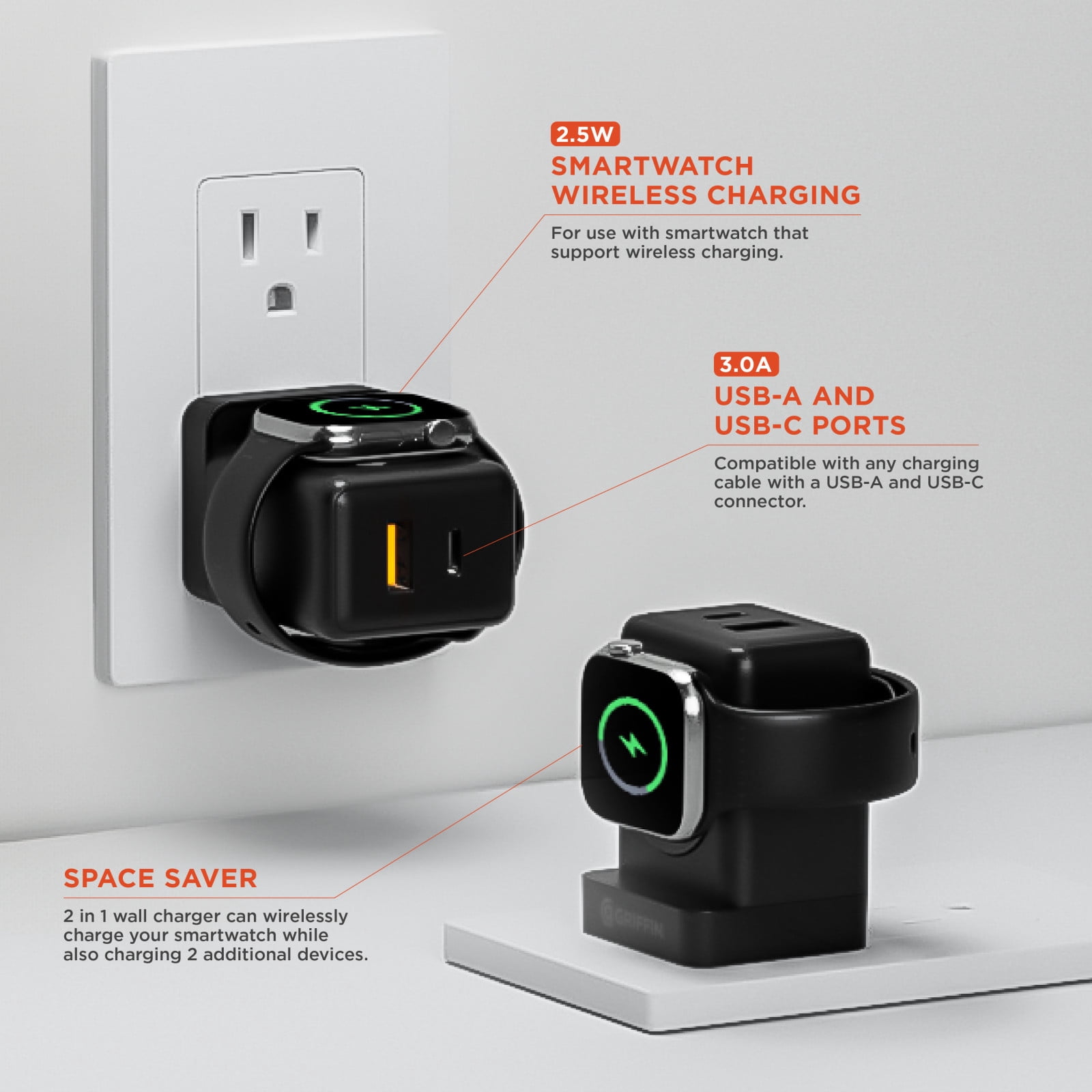Griffin PowerBlock 20W Wall Charger with Smartwatch Wireless Charging, Dual USB-A & USB-C Ports, Fast Charging for Phones and Smartwatches