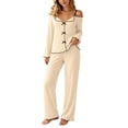 thumbnail image 2 of sdhkgrrt Women's 2 Piece Matching Pajama Set Off Shoulder Long Sleeve Top Elastic Waisted Wide Leg Pants Solid Comfy Casual Lounge Set Soft Loose Fit Tracksuit, Beige S, 2 of 8