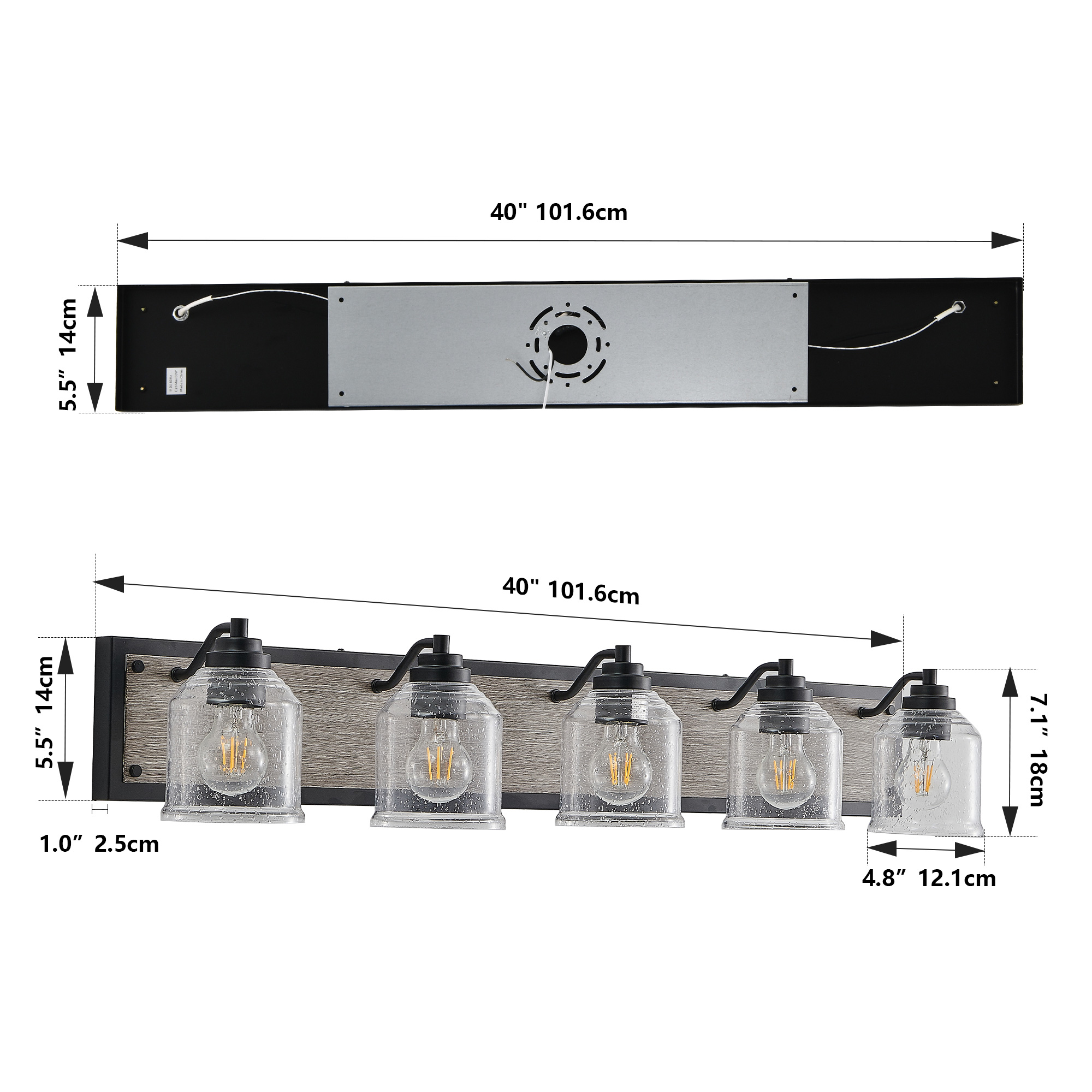 Glare-Free Design 40-inch 5-Light Black LED Bathroom Light for Vanity Mirror