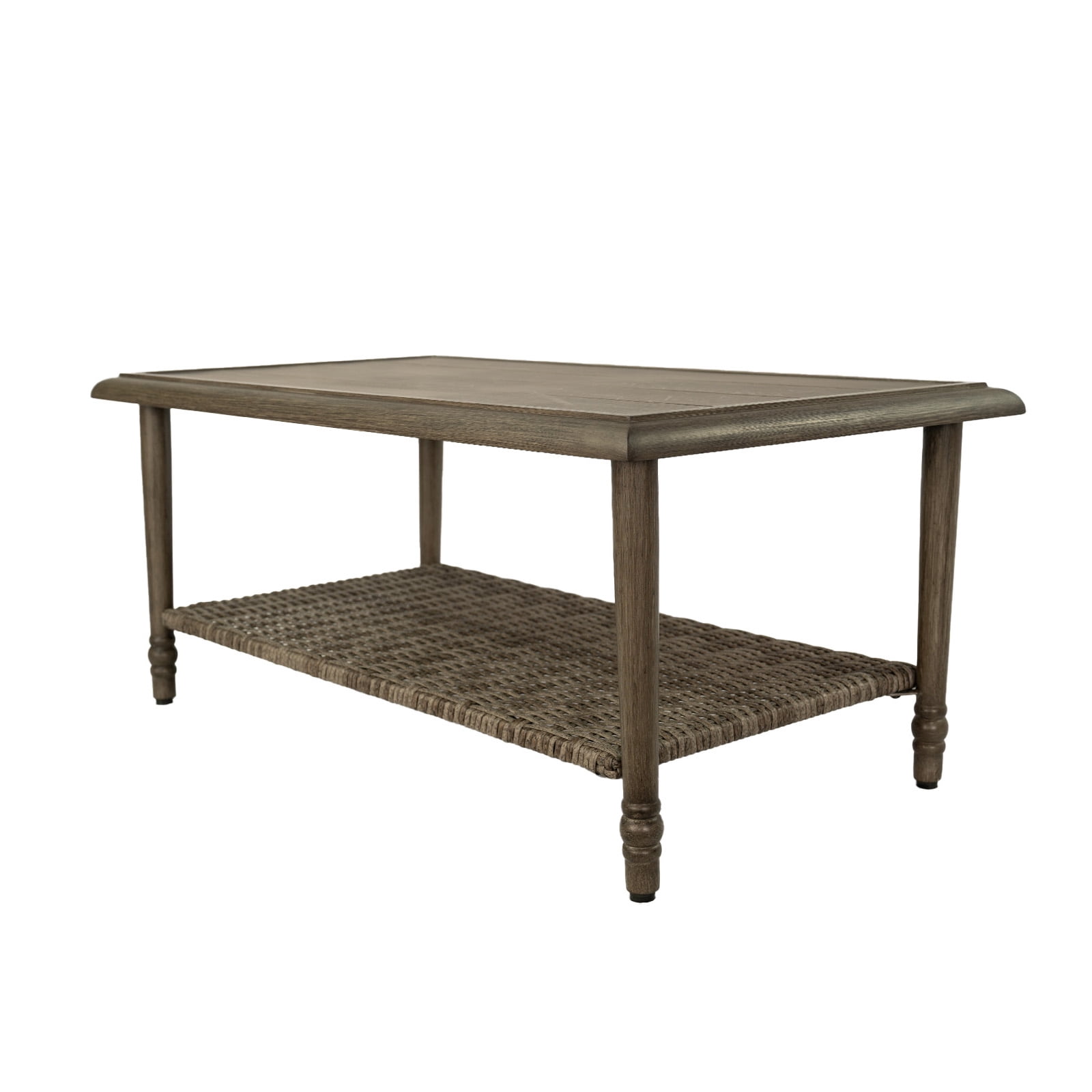 MOLIBYME Outdoor Wicker 2-Tier Coffee Table, Hand Woven Patio Wicker Storage Table for Balcony Porch Deck, Wood Grain Finish