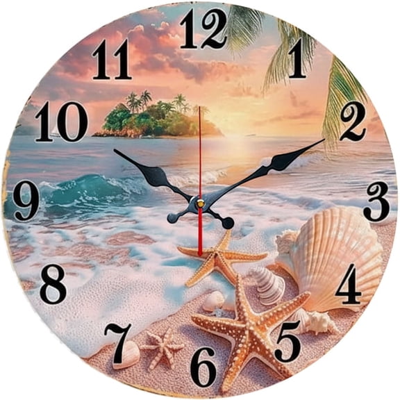 SBEMP10 Inch Silent Wall Clock, Tropical Beach Starfish Shell Decorative Wall Clock, Battery Operated Non-Ticking Round Clock for Living Room Bedroom Bathroom Home Decor