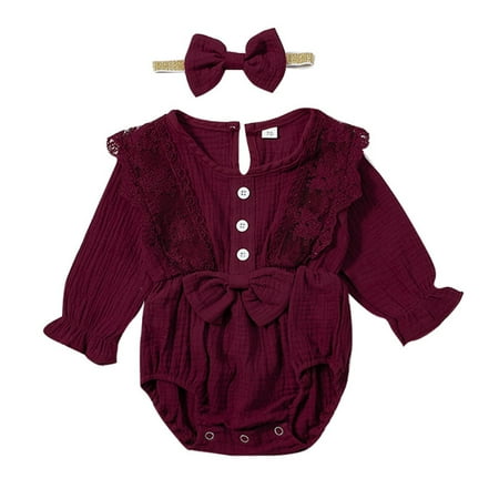 

Toddler Girl Clothes Cotton Linen Romper Lace Bow 1 Piece Bodysuit Clothes
