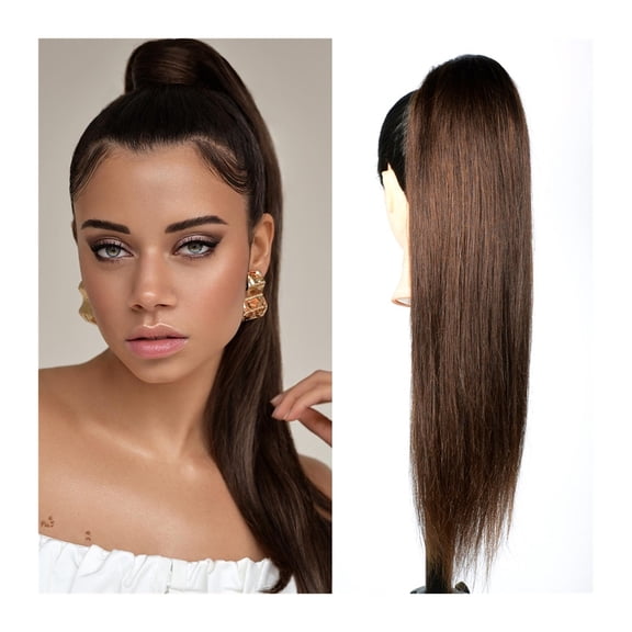 12-26" Brazilian Remy Hair Clip In Straight Hair Ponytail Hairpiece Long Ponytail Extensions Dark Brown Straight Drawstring Ponytail Human Hair