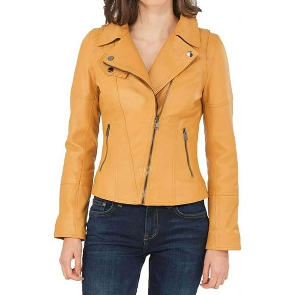 HOT! Women's Genuine Lambskin Leather Jacket Slim Fit Biker Jacket Coat Yellow W103