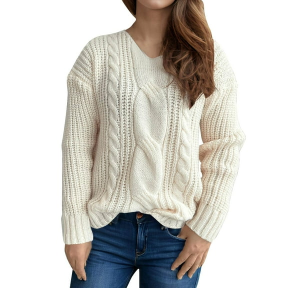 Olyvenn Women Pullover Sweaters Long Sleeve V-Neck Cable Knit Chunky Sweater Loose Casual Fall Winter Knitwear Blouse Tops White M