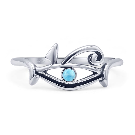 Eye Of Horus Larimar Vintage Oxidized Round Ring 925 Sterling Silver Size 5