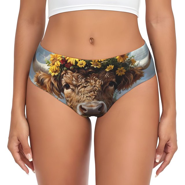Fotbe Cute Cow Sunflower Crown A Calzones Estampados para Mujer – Ropa Interior de Algodón, Cómoda, Suave y Elástica-X-Small