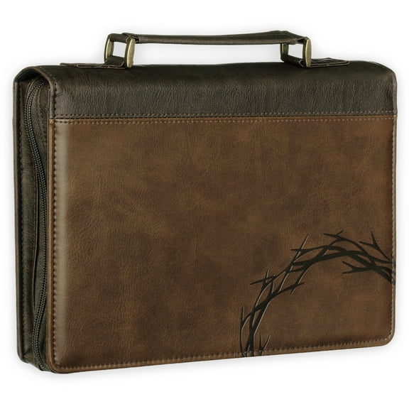 Christian Art Gifts Premium Vegan Leather Inspirational Bible Cover for Men & Women: Debossed Crown of Thorns Design, Inspiring Scripture, Easy Carry Zippered Case, Pen Loops, Pockets, Brown, XL