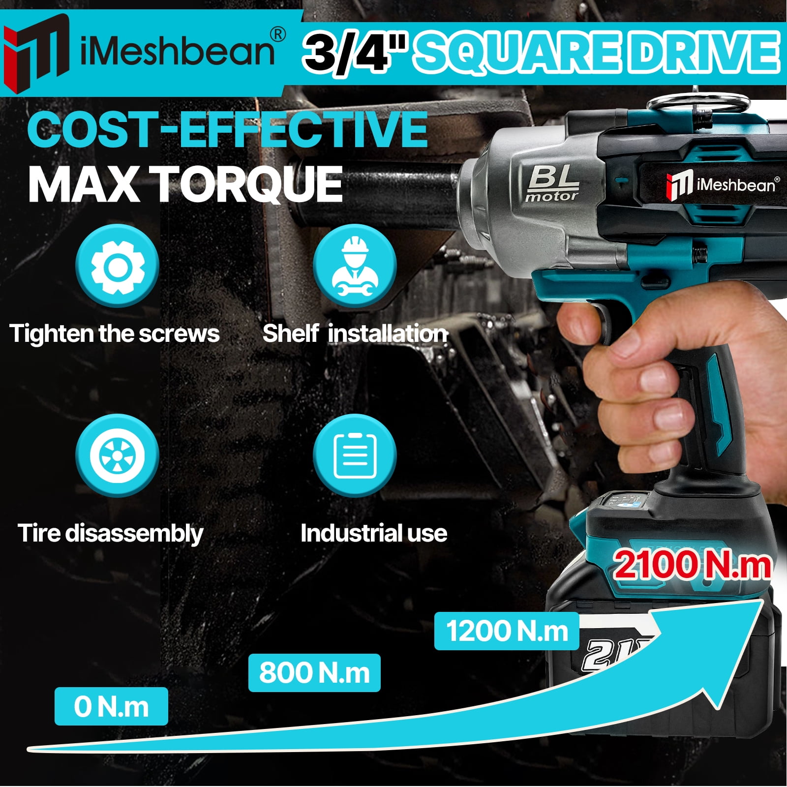 iMeshbean 2100 N.m High Torque Impact Wrench 3/4" Drive W/ 2PCS 21V 8.0A Battery Cordless