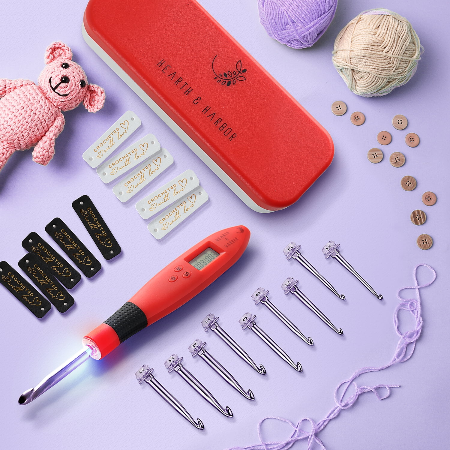Hearth & Harbor Crochet Counter, Crochet Hook Set with Crochet Needles and Accessories, 23pc
