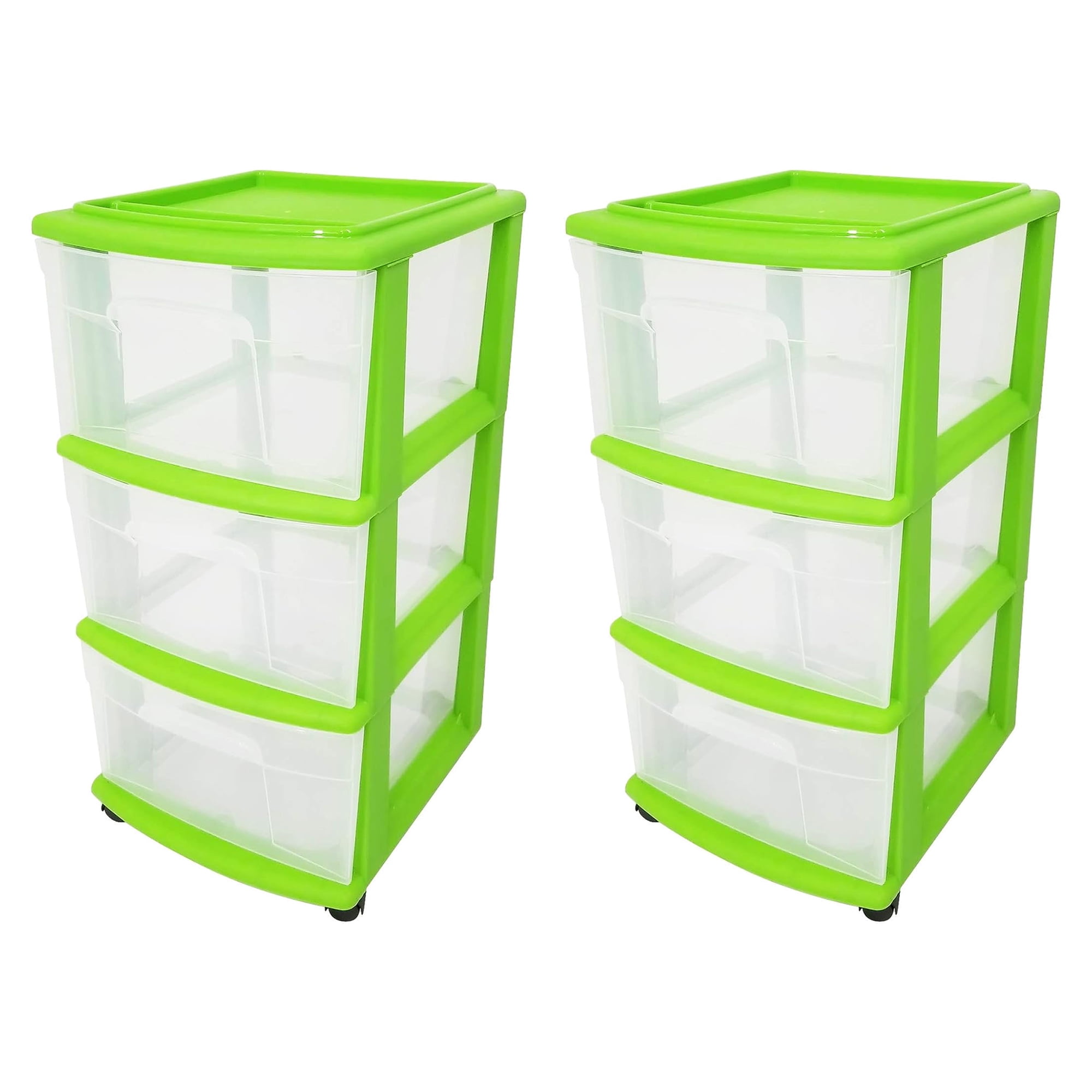Homz 3-Drawer Medium Storage Container, Clear Drawers/Lime Frame (2 Pack)