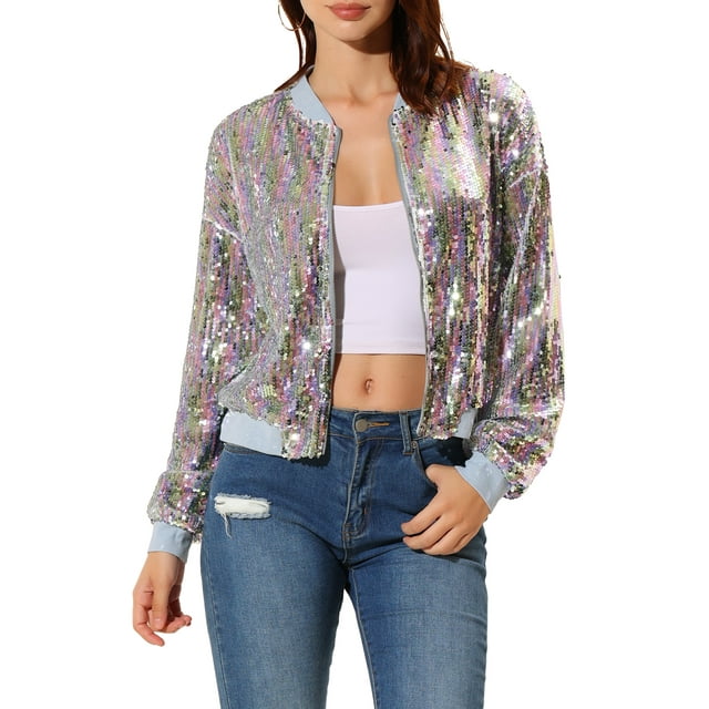 Chaqueta de lentejuelas para mujer INSPIRE CHIC con cierre de cremallera y bolsillos ocultos, chaqueta bomber L blanca arcoíris