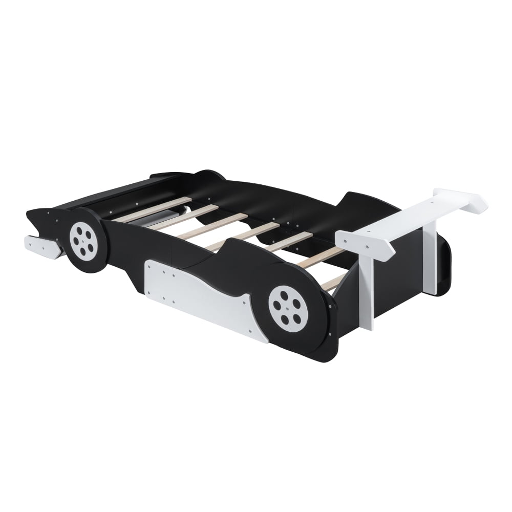 AUU Twin Size Race Car-Shaped Platform Bed with Decorative Wheels, No Box Spring Needed