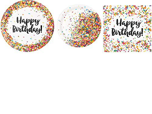 Sprinkles Confetti Party Supplies Pack for 16 Guests Including Paper Cups Paper Lunch Napkins and Plastic Table Cover Stickers Paper Dinner Plates Bundle for 16