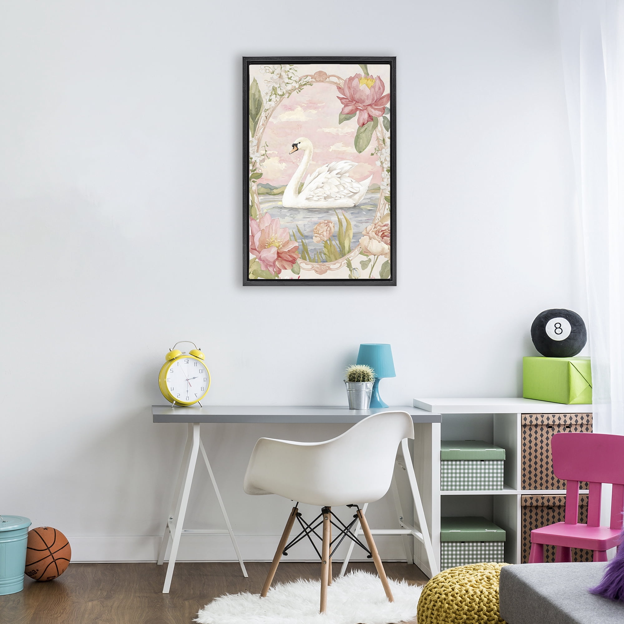 Stupell Industries Floral Border Swan in Bloom Black Framed Floater Canvas Wall Art, design by Creative Studio