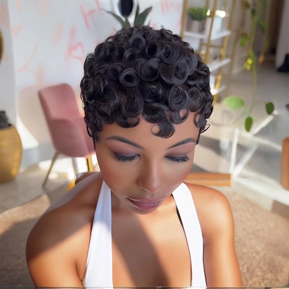 Pixie Cut Curly Wigs for Black Women Short Layered Pixie Cut Human Hair Wigs With Bangs Chic Elegant Natural Black Color No Glue Wig