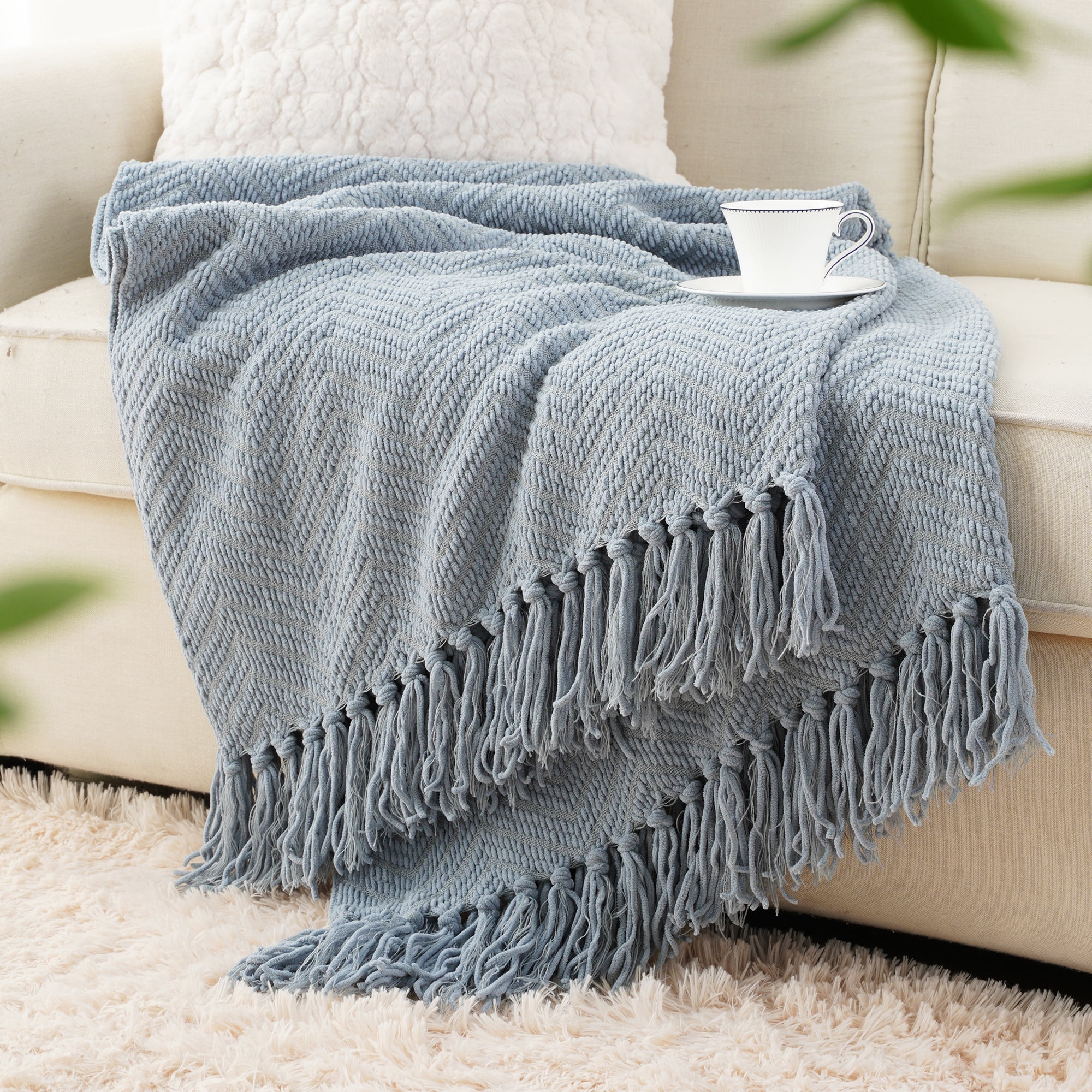 Battilo Bluish Grey Chenille Throw Blanket for Couch,Soft Knit Throws with Tassels for Living Room,50"x60"