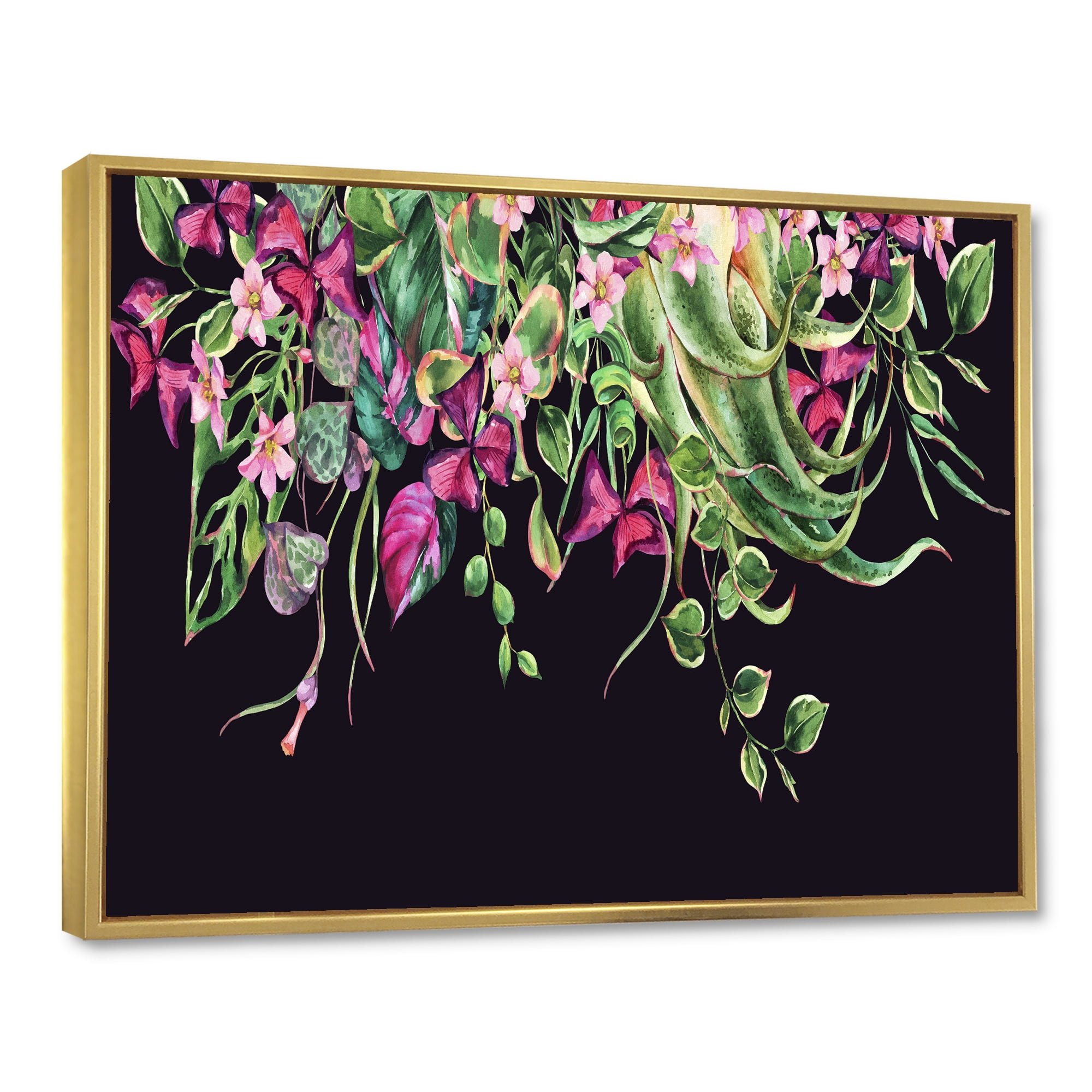 Designart 'Floral Tropical Leaves On Black Background' Farmhouse Framed Canvas Wall Art Print
