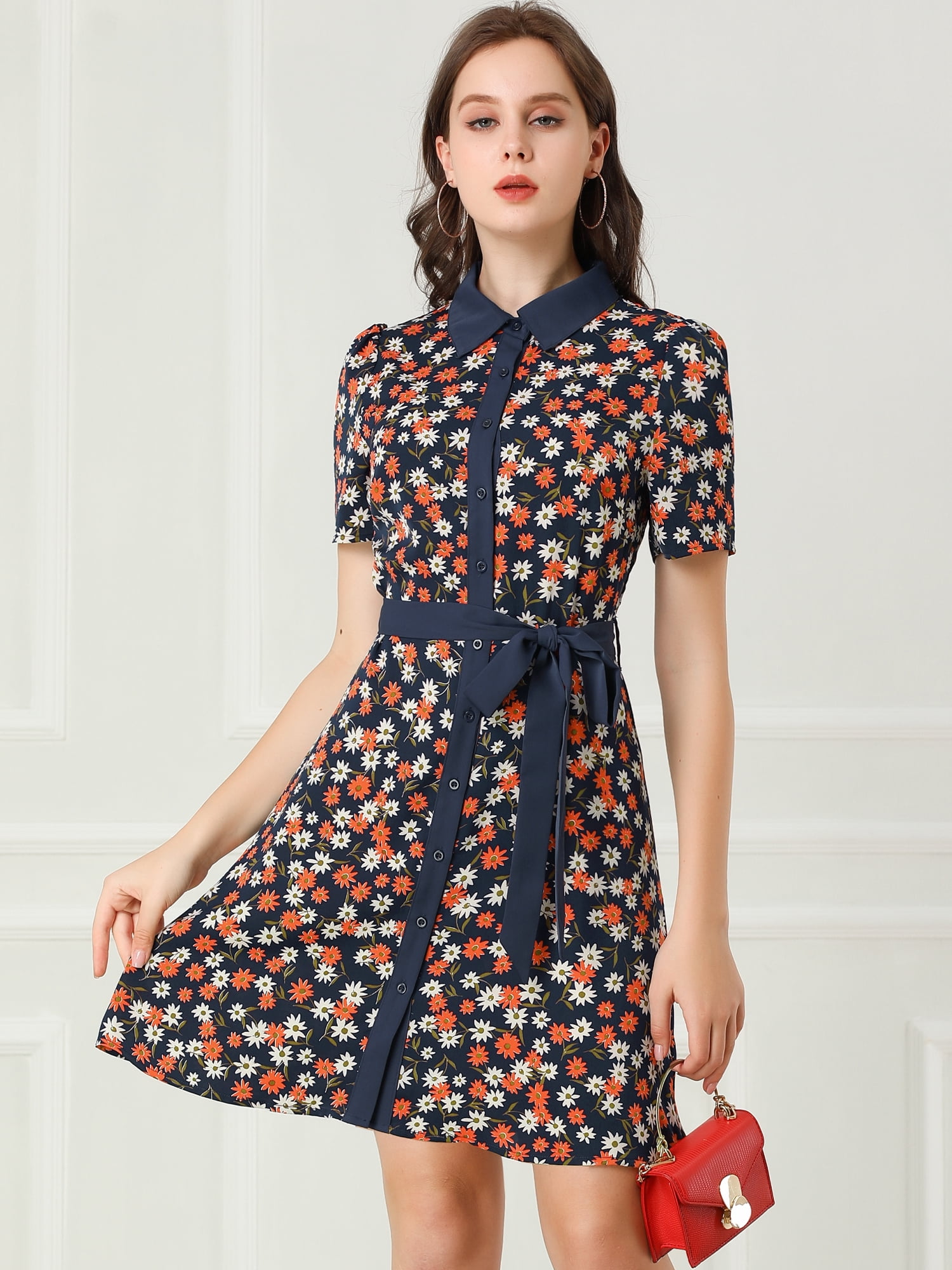DARING DIVA  Contrast Collar Short Sleeve Belt Shirt Dresses M Black
