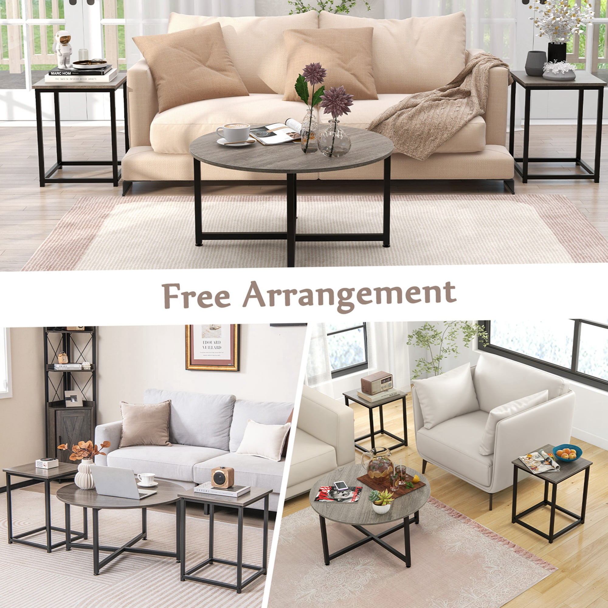 Costway 3 PCS Coffee Table Set Round Coffee Table and 2 PCS Square End Tables Metal Frame Gray