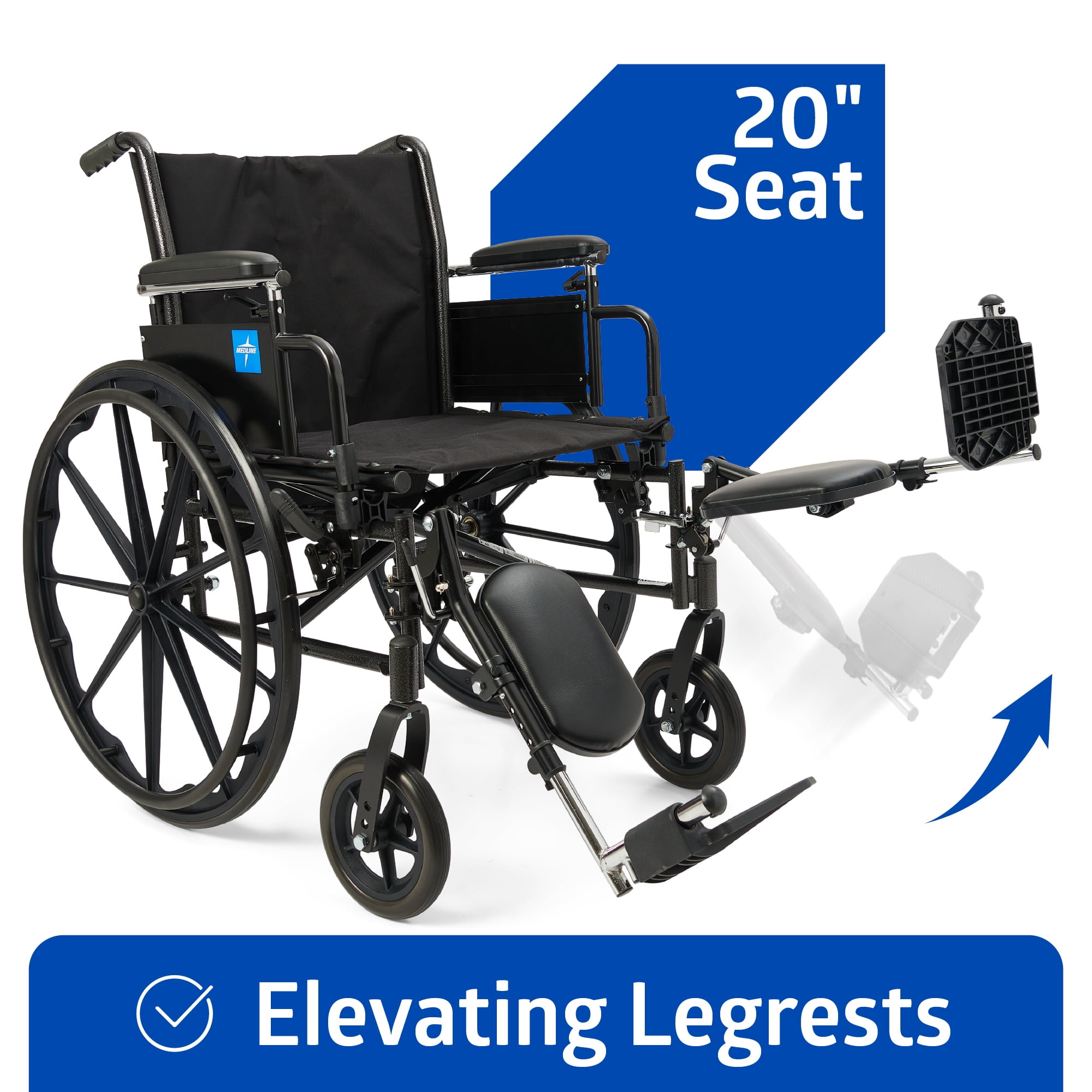 Medline Wheelchair with Swing-Back Removable Desk Arms, Elevating Legrests, 20-In Seat, Height Adjustable, 300 lb Weight Capacity, Black