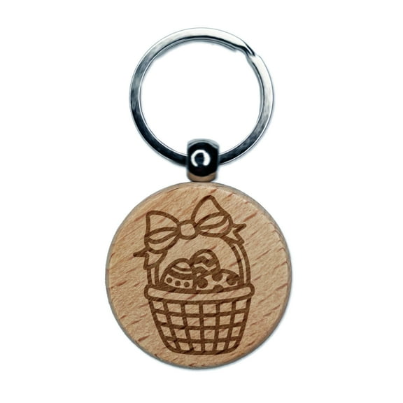 Easter Basket with Eggs Round Keychain Charm Tag - Engraved Wood