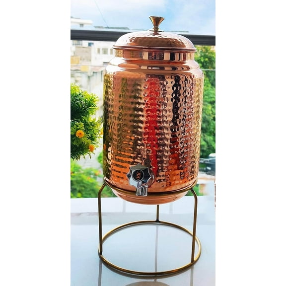 Pure Copper Hammered Design 5 Liter Water Pot with Tap & Knob, for Storage & Serving Water