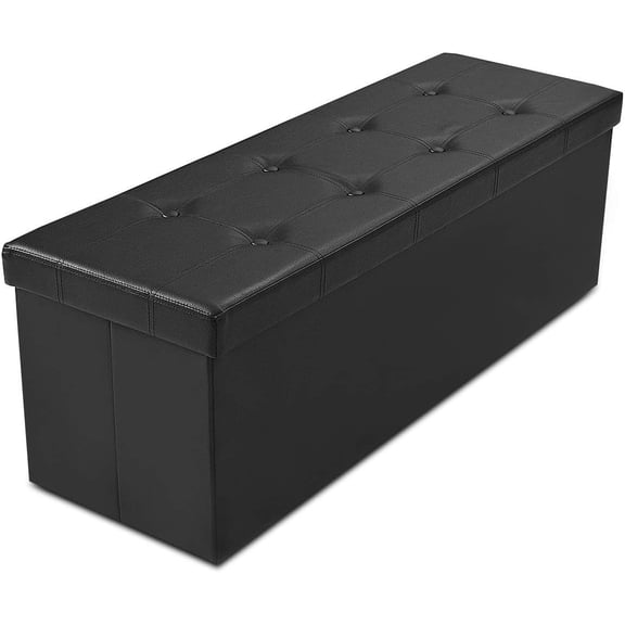 Safeplus Folding Storage Ottoman Bench, 45" Large Ottoman Space-Saving Bench,Faux Leather Storage Chest with Memory Foam,Footrest Padded Stool Seat for Bedroom Toy Chest, Black,Leather