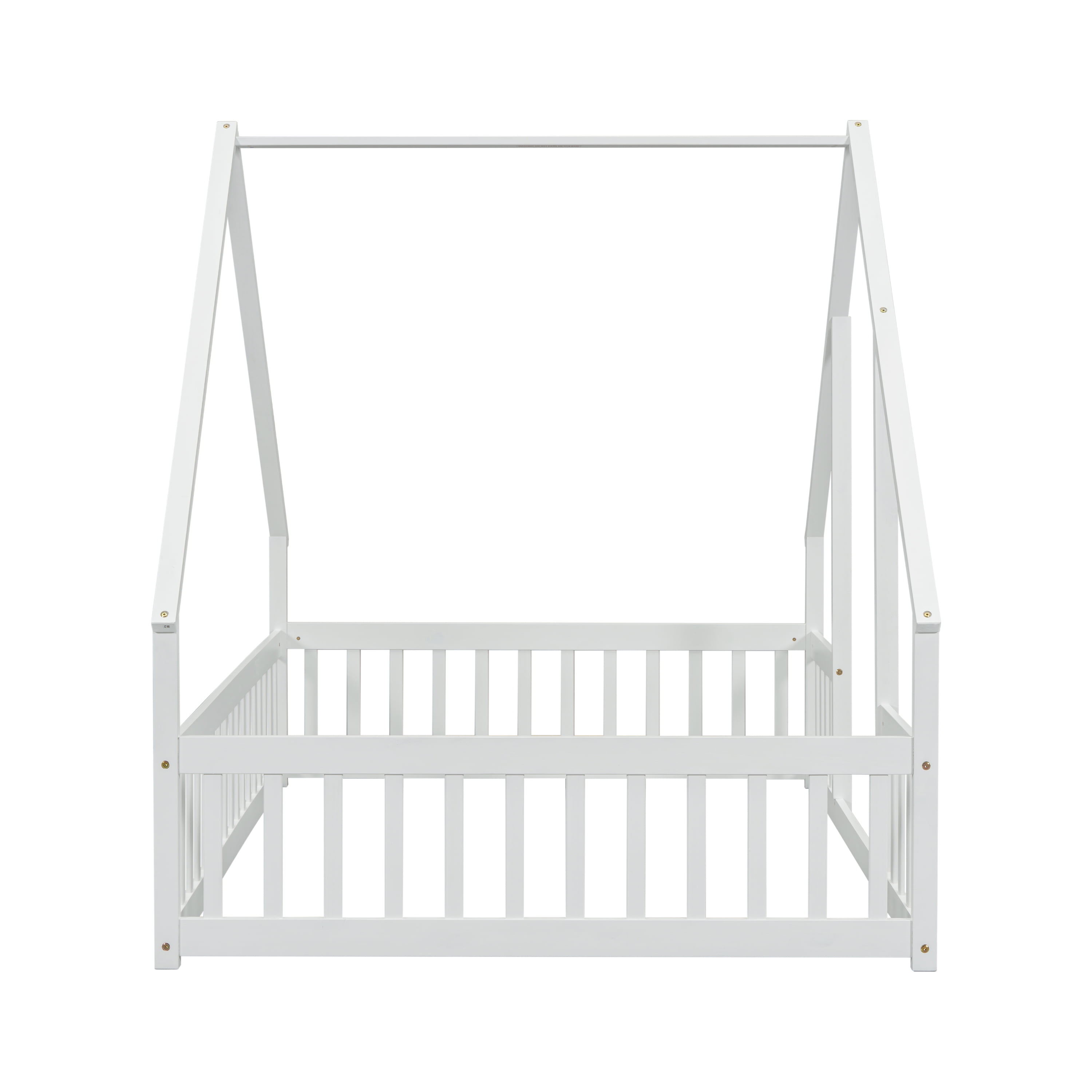 Miniyam Wood Full Size House-Shaped Floor Bed with Guardrails for Kids, White