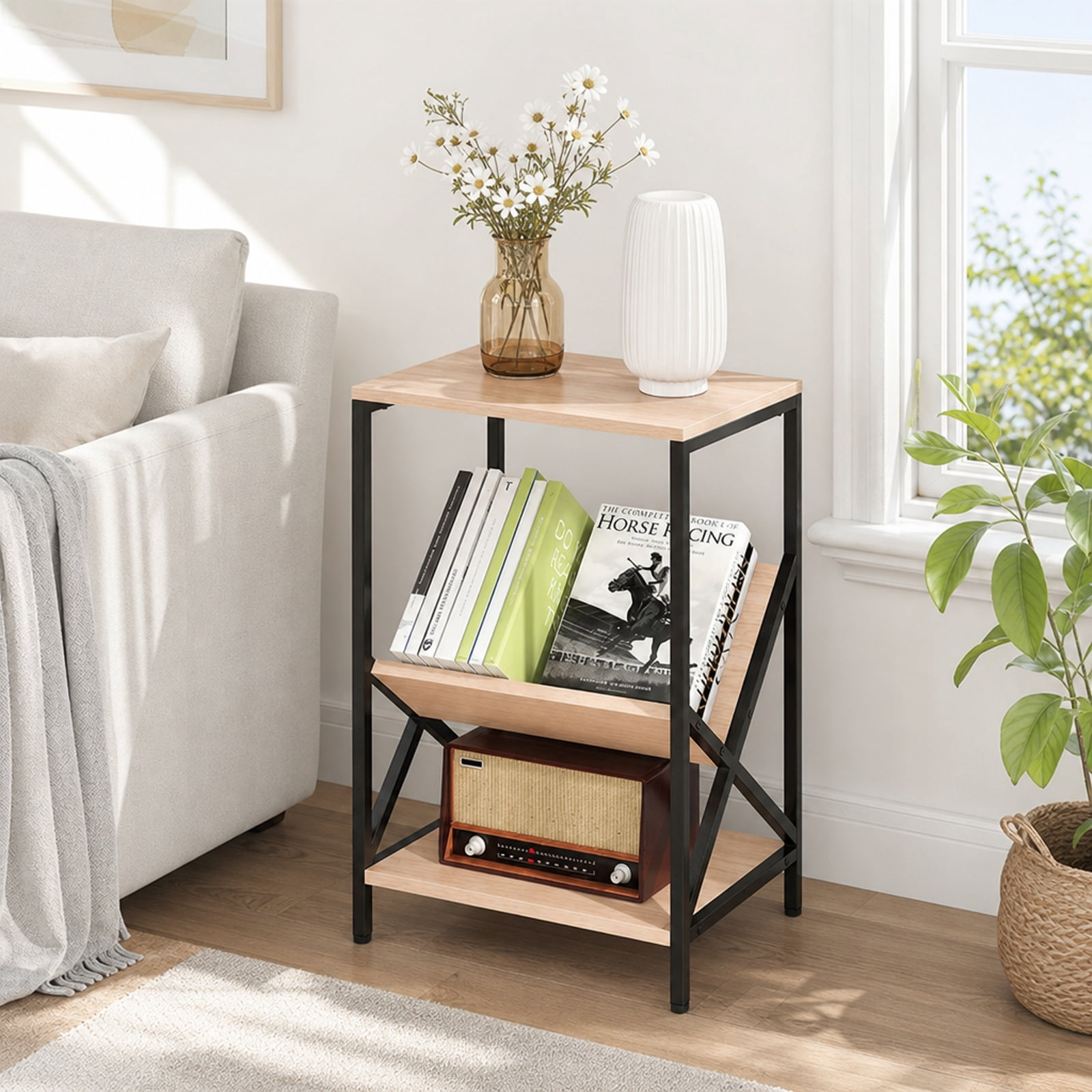 Furnibear 3-Tier Industrial Side Table with V-Shaped Bookshelf Magazine Holder and Steel Frame for Living Room and Bedroom, Natural