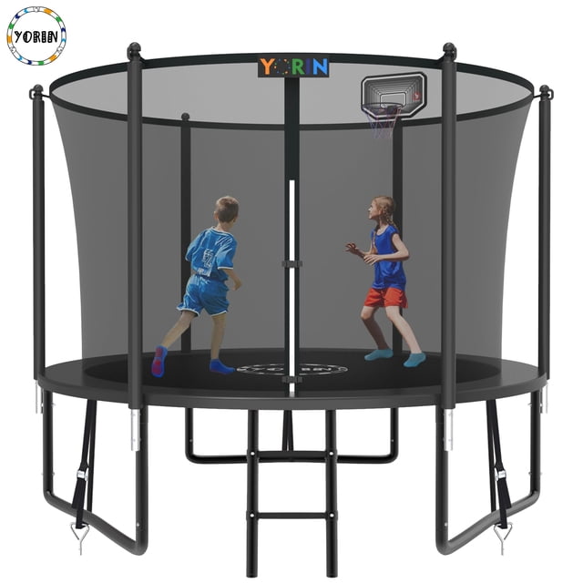 YORIN Trampoline, 10FT Trampoline for 3-4 Kids Adults with Enclosure Net, 1000LBS Outdoor Trampoline with Basketball Hoop, Ladder, Galvanized Anti-Rust Coating Heavy Duty Round Trampoline