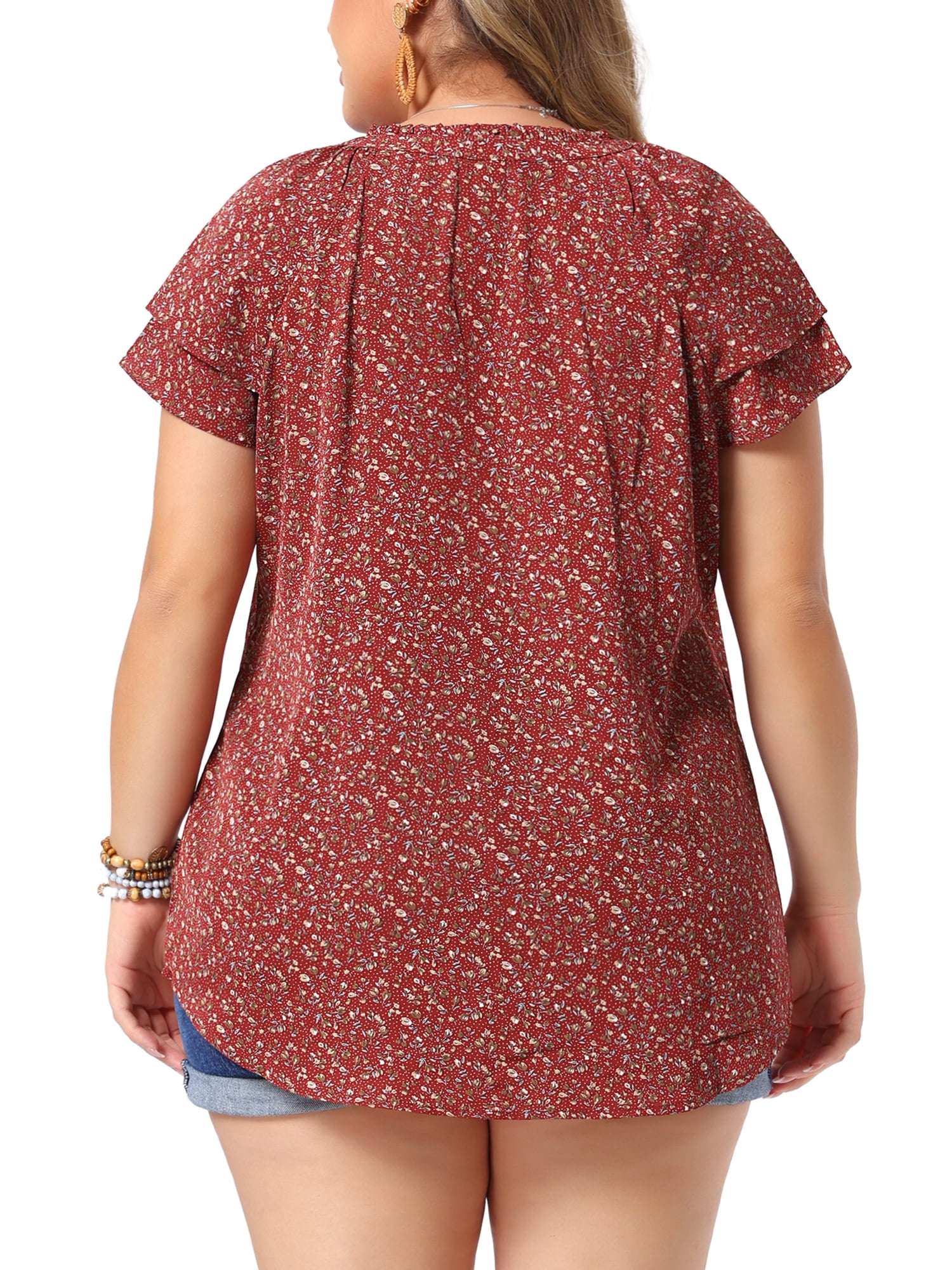 DARING DIVA Women's Plus Size Layered Sleeve V Neck Floral Tops Tunics 1X Red